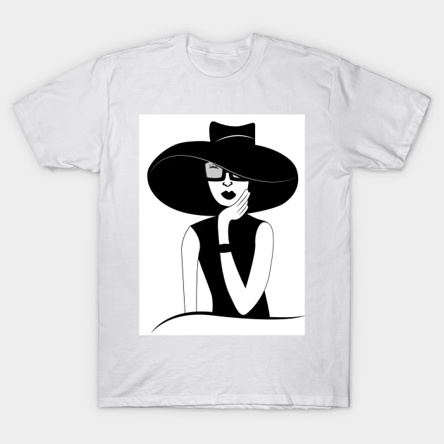 Black and white illustration of fancy lady in a hat T-Shirt by Spinkly